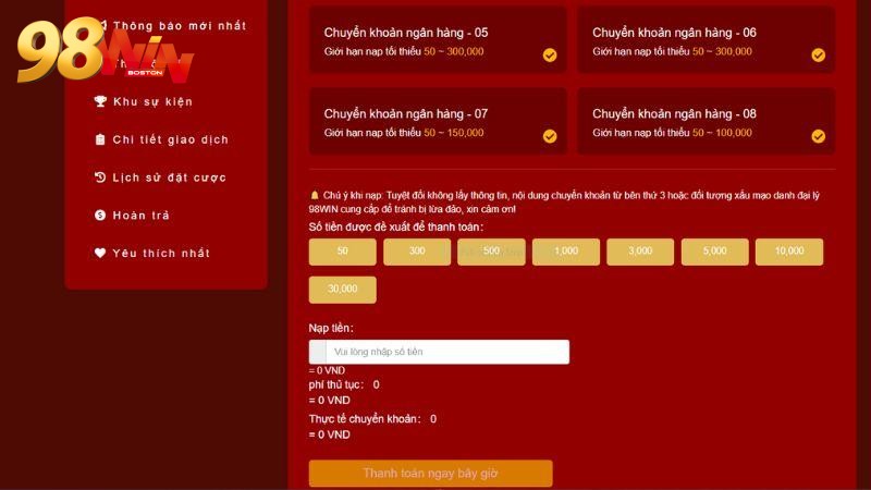 Chuyển khoản ngân hàng là phương thức nạp tiền 98WIN được các tay chơi yêu thích.