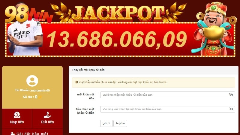 Người chơi cần liên kết tài khoản rút tiền 98WIN